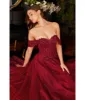 Cinderella Divine Burgundy Glitter Lace & Tulle Embellished Off The Shoulder Prom Gown sold by Unique Vintage