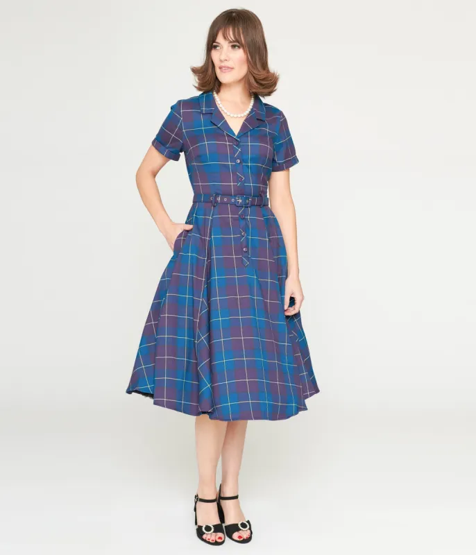 Collectif Teal & Purple Checkered Caterina Swing Dress sold by Unique Vintage