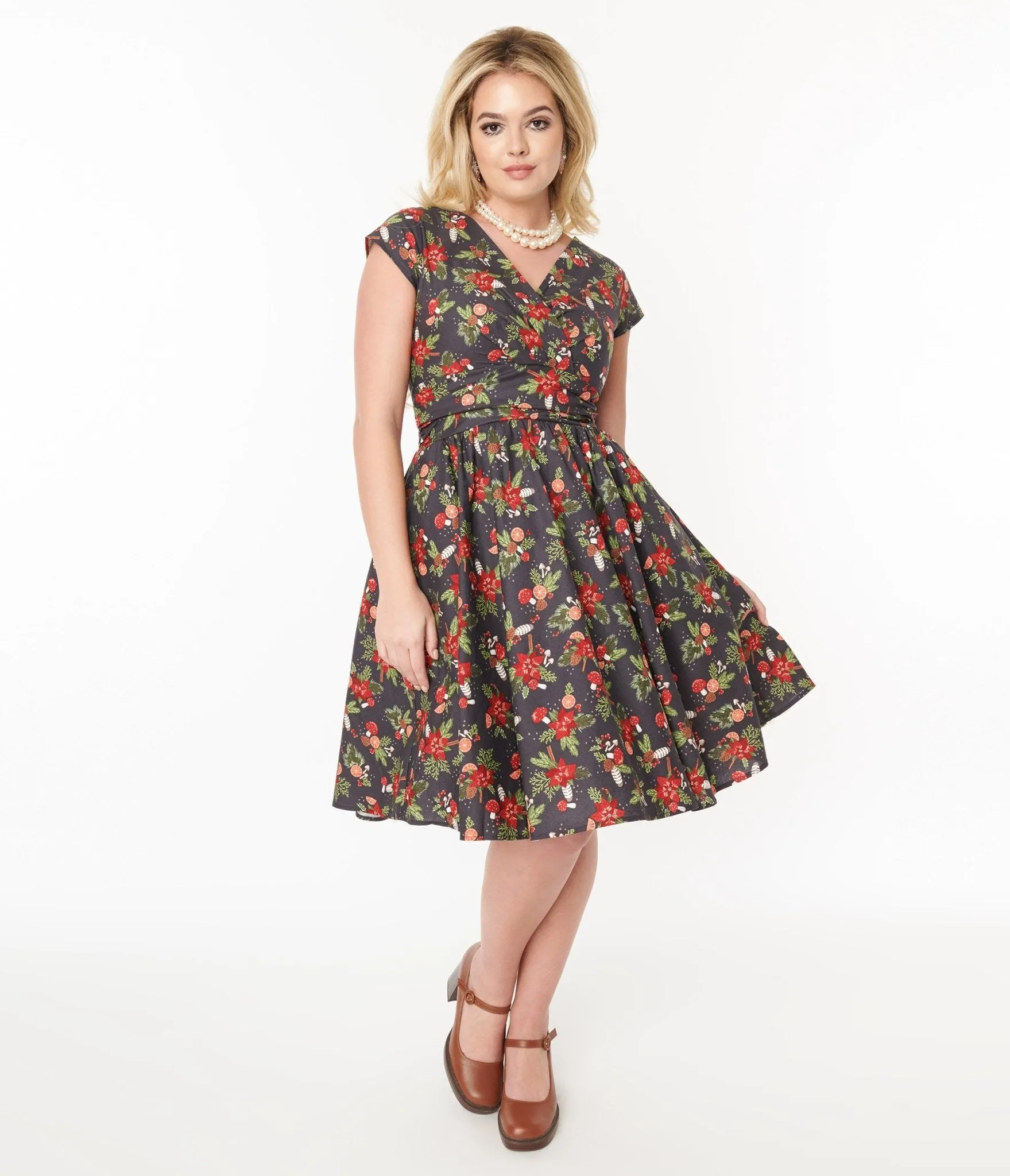 Retrolicious Brown & Holiday Florals Greta Swing Dress sold by Unique Vintage