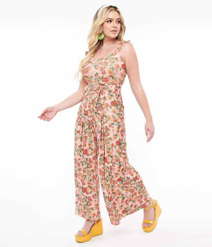 Voodoo Vixen 1970s Pink Rainbow Floral Print Jumpsuit made by Unique Vintage