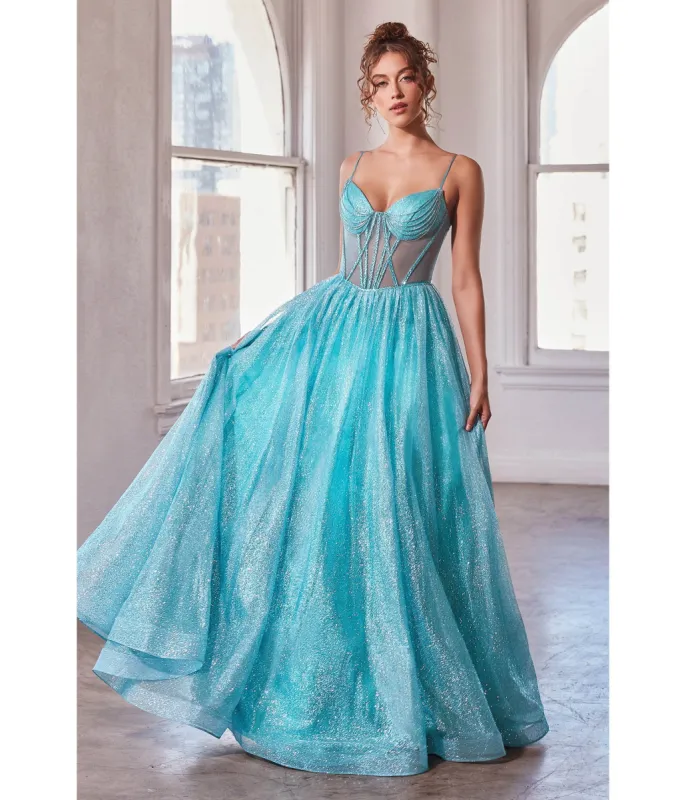 Cinderella Divine Aqua Blue Corset Glitter Prom Gown sold by Unique Vintage