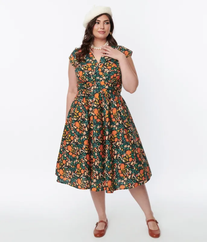 Retrolicious Black Mushroom & Foliage Greta Swing Dress sold by Unique Vintage