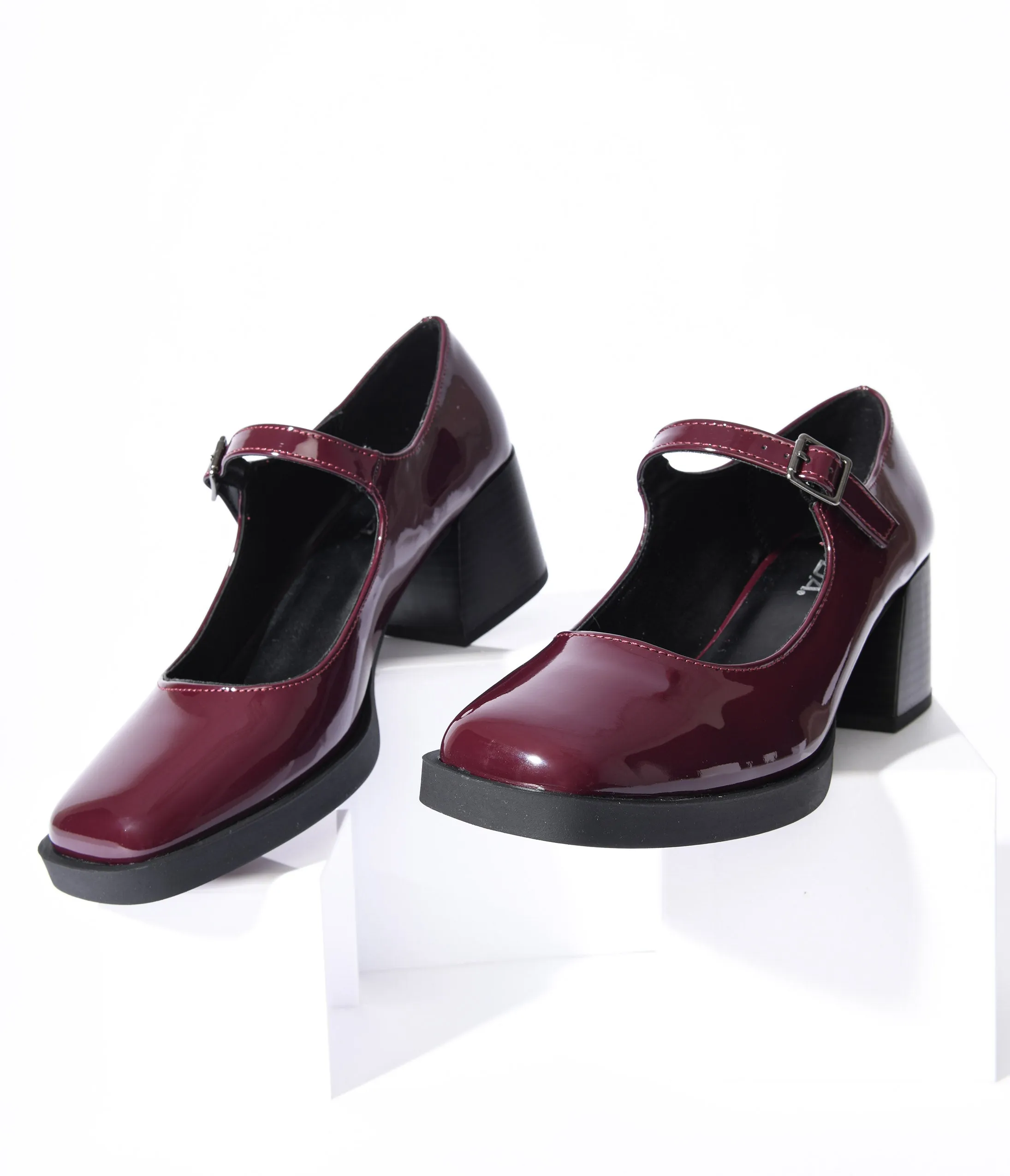 Burgundy Patent Leatherette Mary Jane Heels sold by Unique Vintage