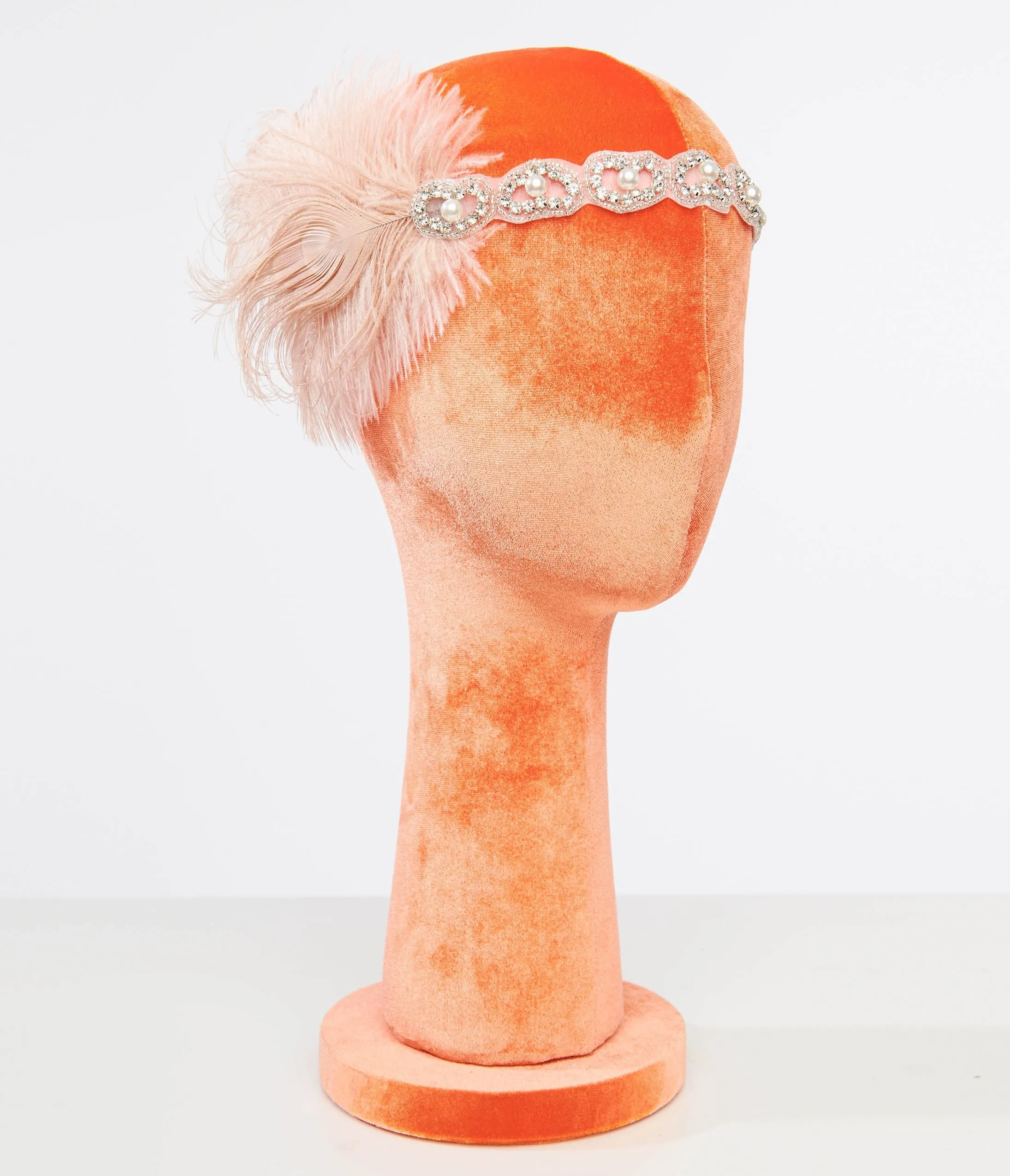 Unique Vintage 1920s Peach Feather & Silver Rhinestone Headband sold by Unique Vintage
