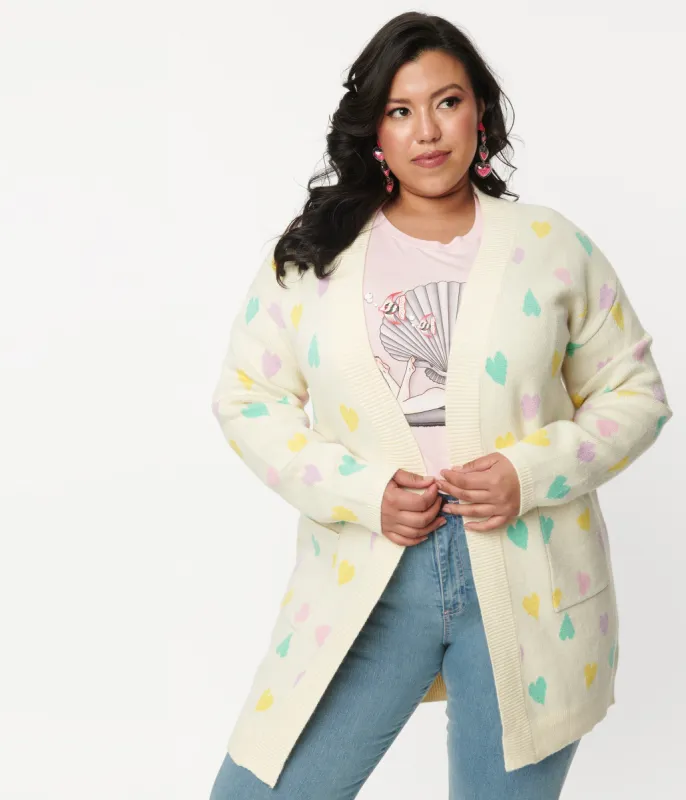 Magnolia Place Plus Size Cream & Pastel Hearts Cardigan sold by Unique Vintage