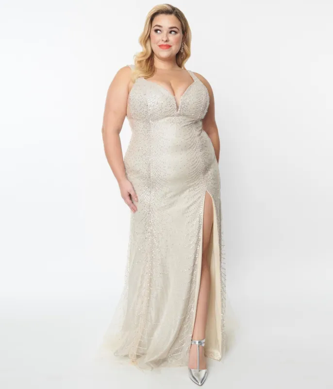 Plus Size Champagne Beaded Deco Harlow Wedding Dress sold by Unique Vintage