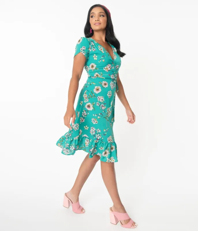 Smak Parlour Teal Floral Hide And Go Chic Midi Dress sold by Unique Vintage