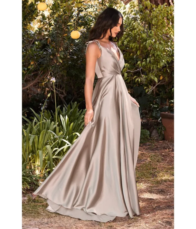 Cinderella Divine  Sand Flowy Satin A-Line Bridesmaid Gown sold by Unique Vintage