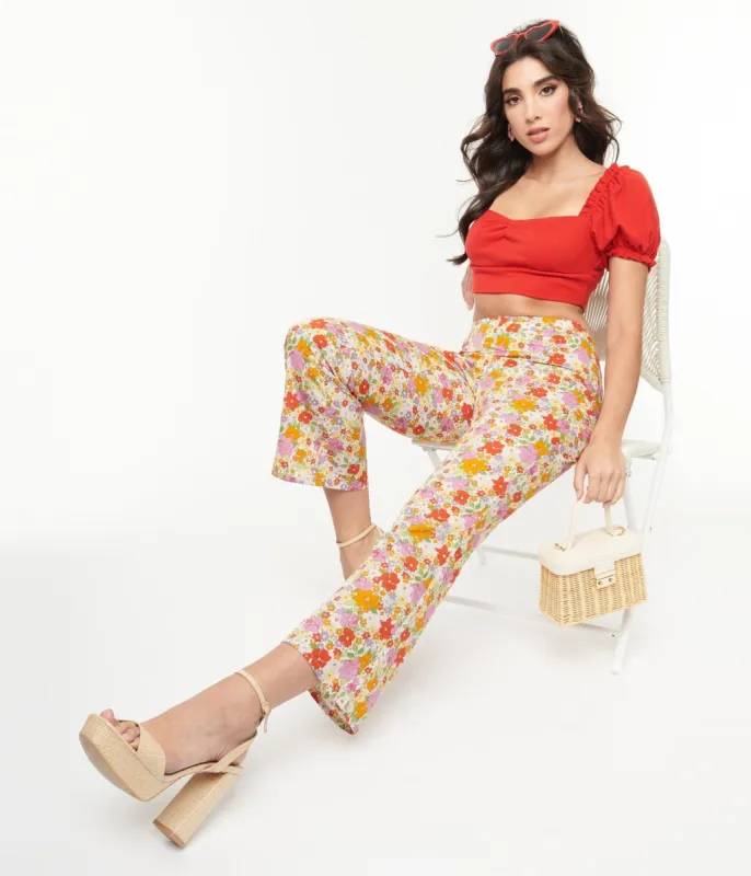 Multicolor Retro Floral Flare Pants sold by Unique Vintage