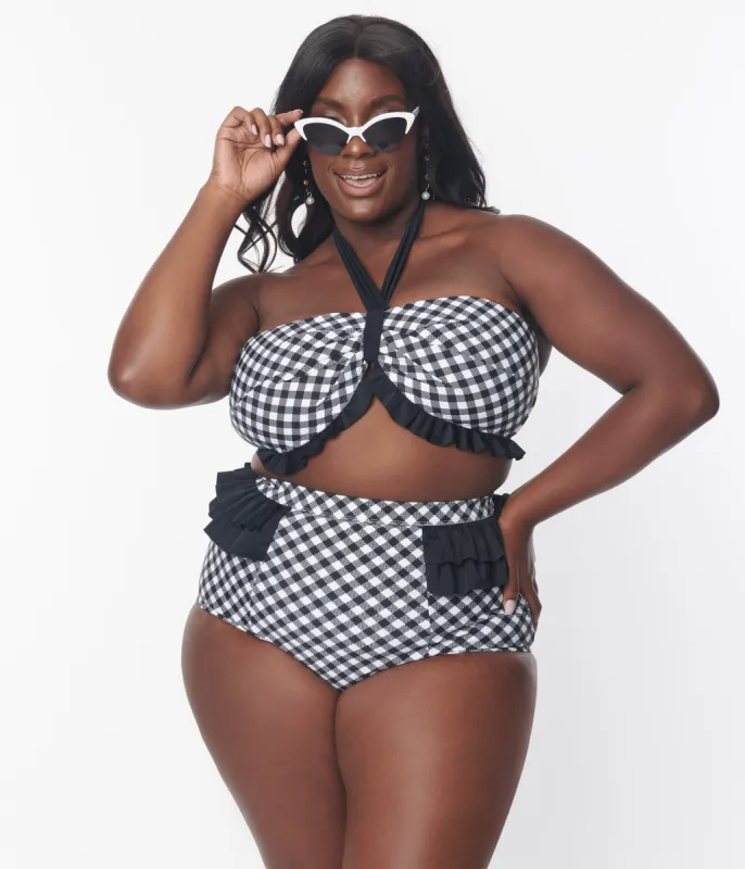 Unique Vintage Plus Size Black & White Gingham Ruffle Swim Bottom sold by Unique Vintage