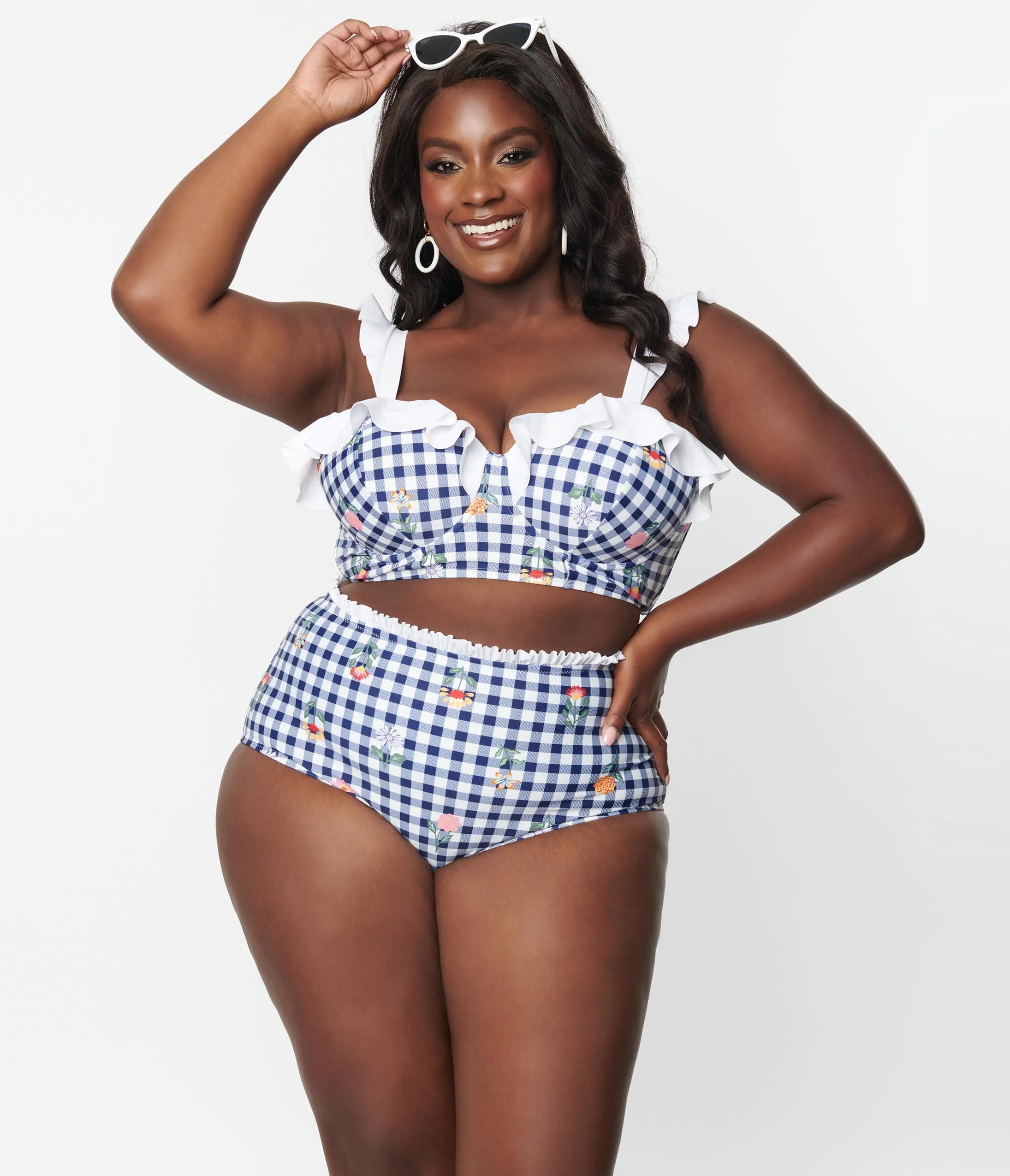 Unique Vintage Plus Size Navy Gingham & Floral Cape May Swim Bottoms sold by Unique Vintage