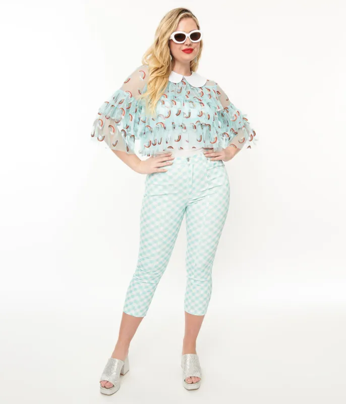 Smak Parlour Light Blue & White Gingham Capri Pants sold by Unique Vintage