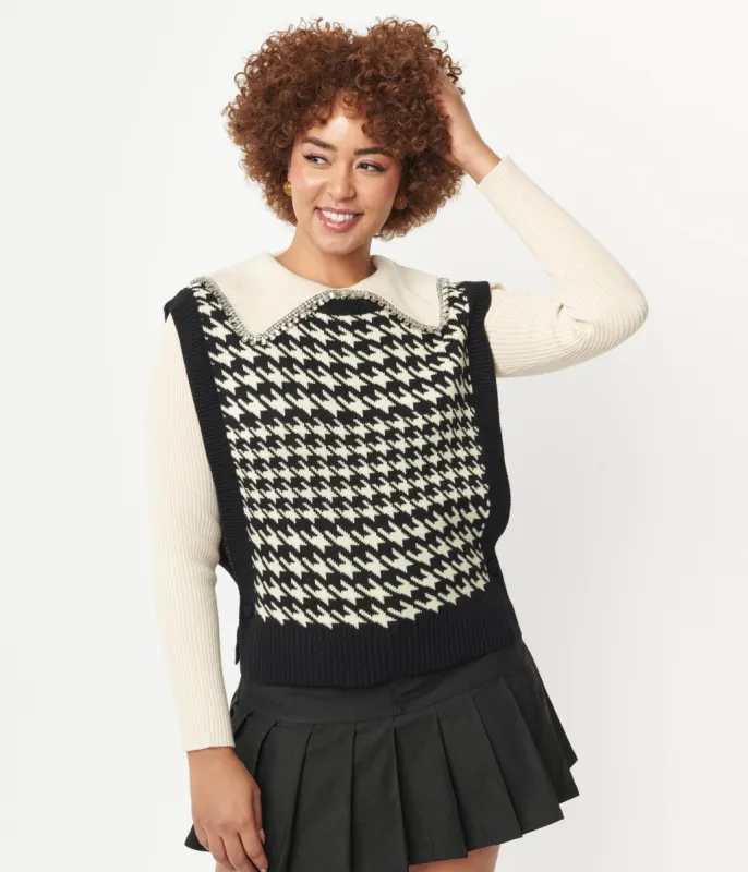 Black & Cream Houndstooth Sweater Vest sold by Unique Vintage