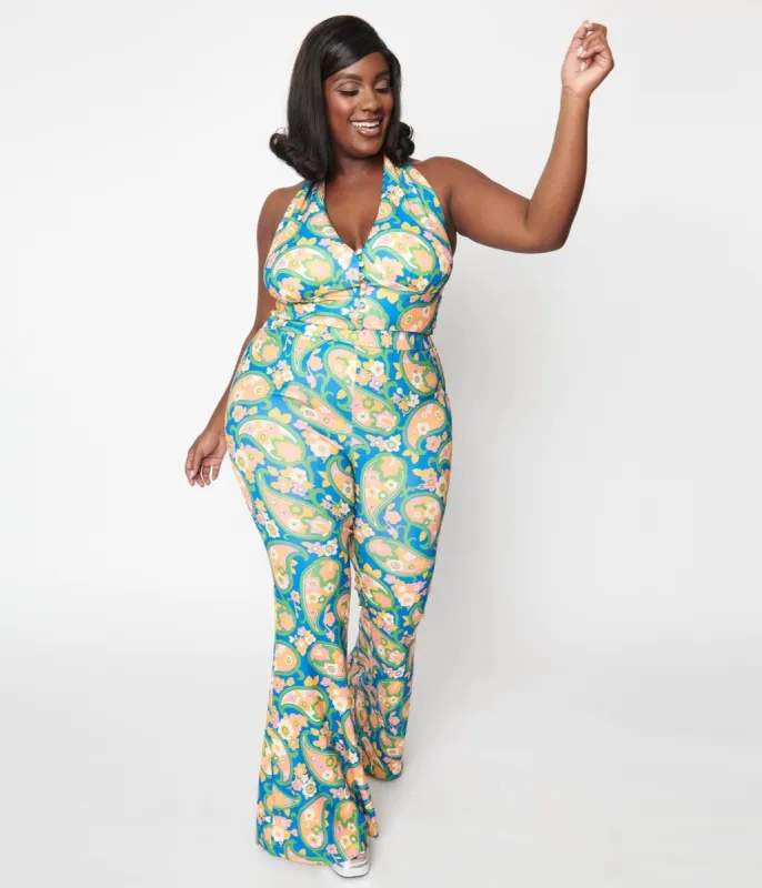 Smak Parlour Plus Size 2970s Blue Paisley Floral Mod Flare Pants sold by Unique Vintage