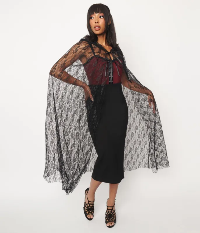 Black Lace Hooded Cape sold by Unique Vintage