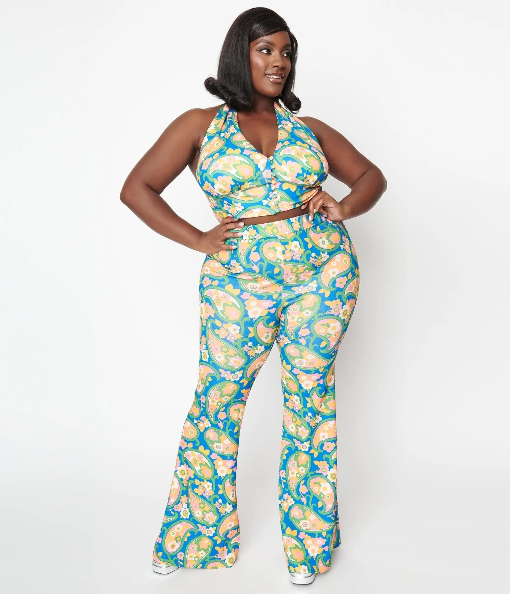 Smak Parlour Plus Size 2970s Blue Paisley Floral Mod Flare Pants sold by Unique Vintage product image thumbnail 5