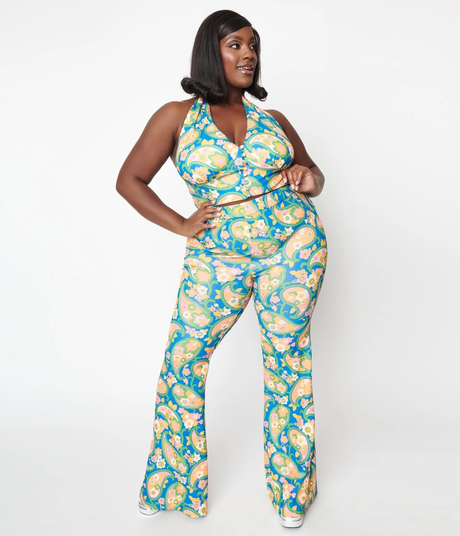 Smak Parlour Plus Size 2970s Blue Paisley Floral Mod Flare Pants sold by Unique Vintage product image thumbnail 4
