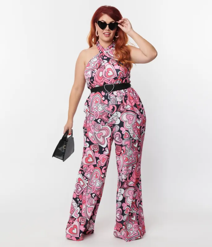 Smak Parlour Plus Size 1970s Black & Pink Psychedelic Hearts Draped Darling Jumpsuit sold by Unique Vintage