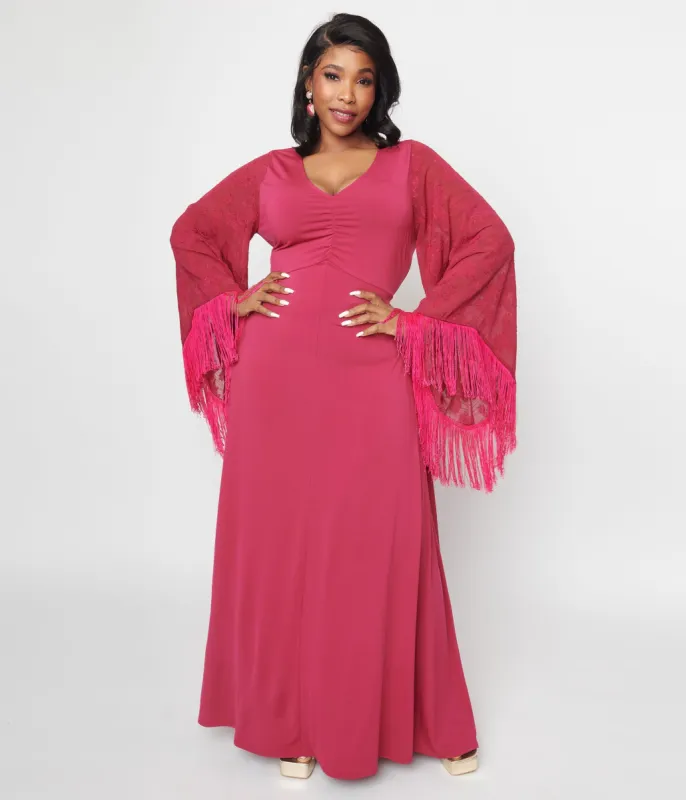 Smak Parlour Plus Size 1970s Berry Floral Fringe Sleeve Maxi Dress sold by Unique Vintage