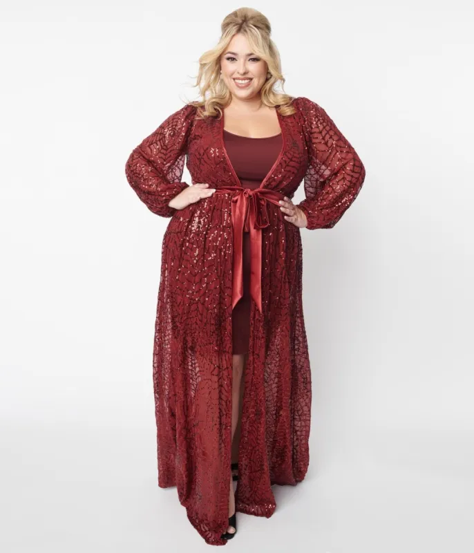 Unique Vintage 1970s Burgundy Spiderweb Sequin Hollywood Duster sold by Unique Vintage