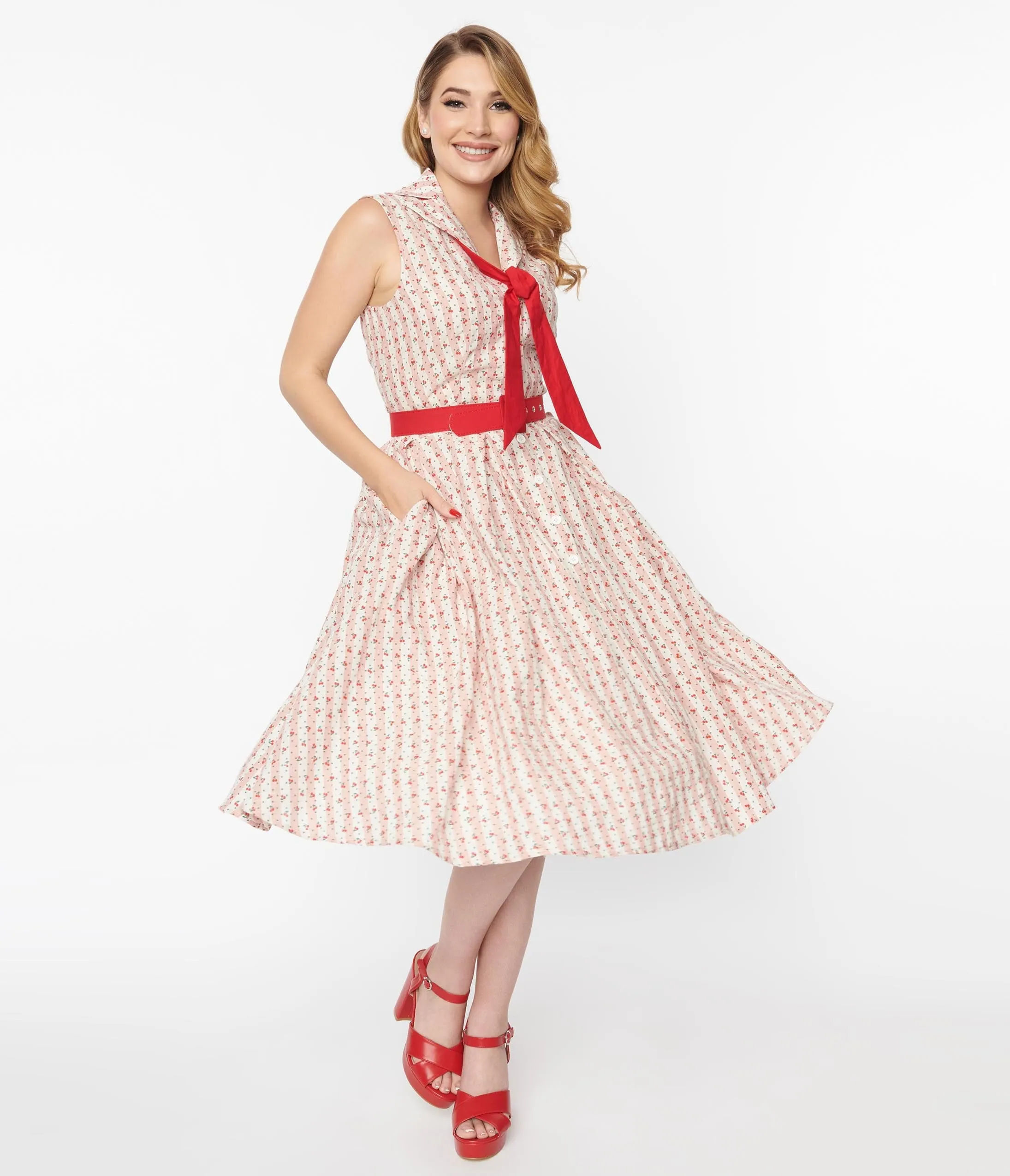 Unique Vintage Pink Stripe & Cherry Print Edith Swing Dress sold by Unique Vintage product image thumbnail 4