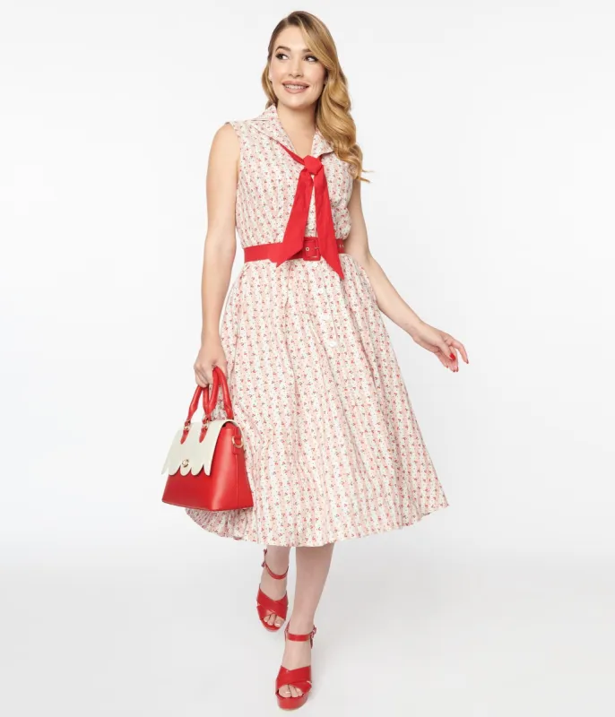 Unique Vintage Pink Stripe & Cherry Print Edith Swing Dress sold by Unique Vintage