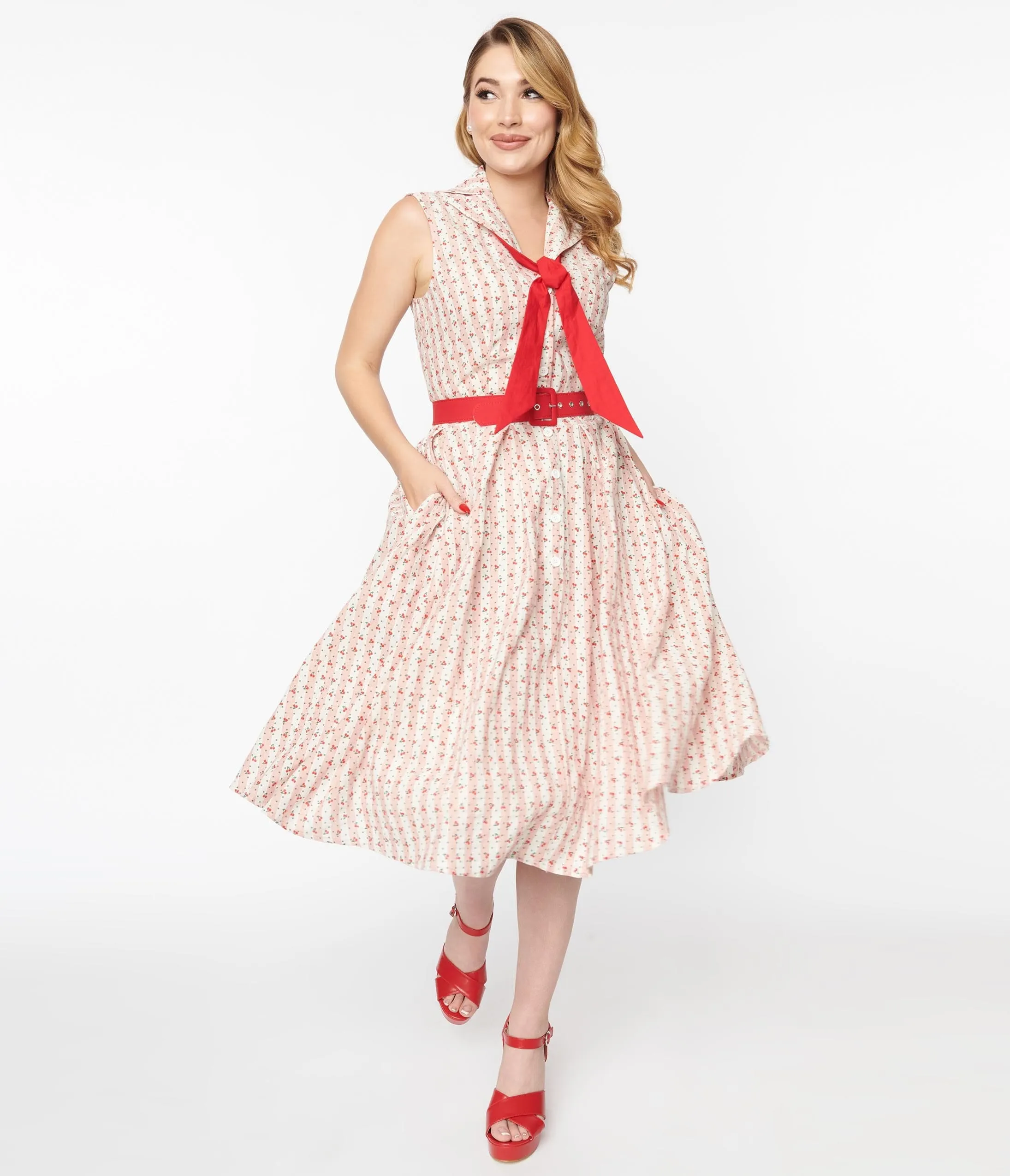 Unique Vintage Pink Stripe & Cherry Print Edith Swing Dress sold by Unique Vintage product image thumbnail 5