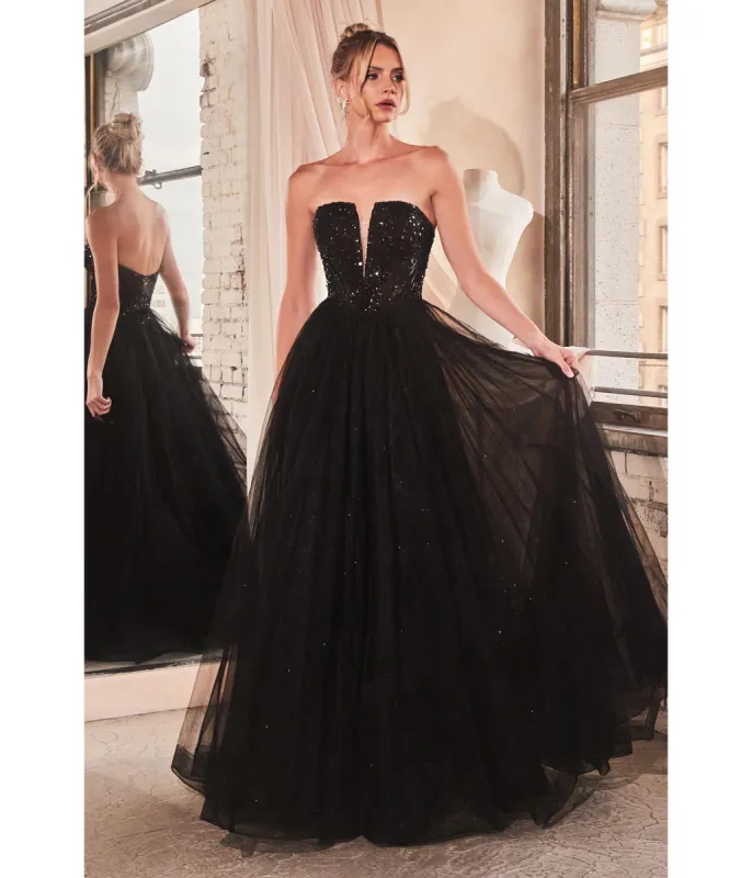 Ladivine by Cinderella Divine Black Glitter Bodice & Tulle Prom Ball Gown sold by Unique Vintage