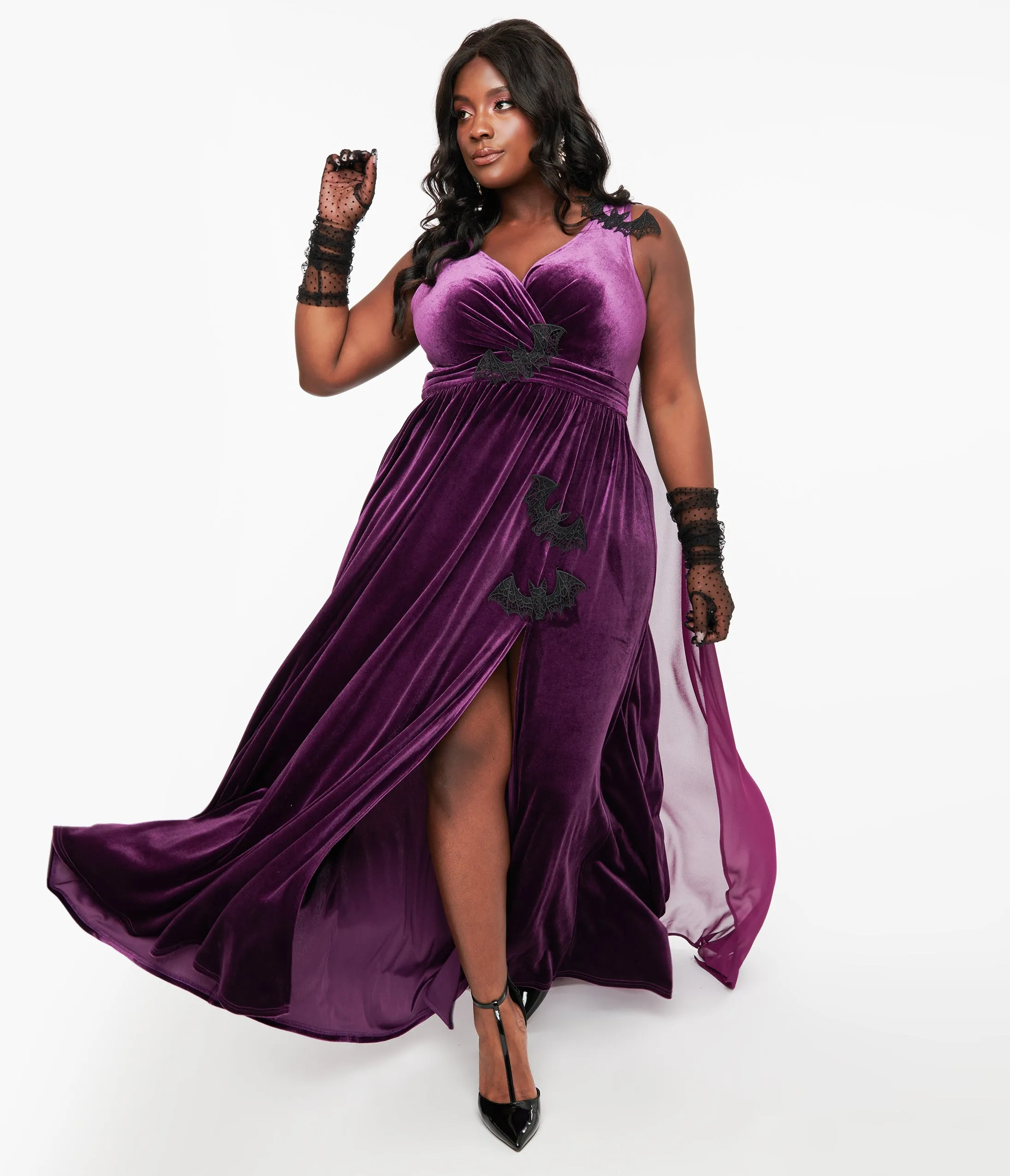 Unique Vintage Plus Size Eggplant & Black Bat Velvet Cape Gown sold by Unique Vintage