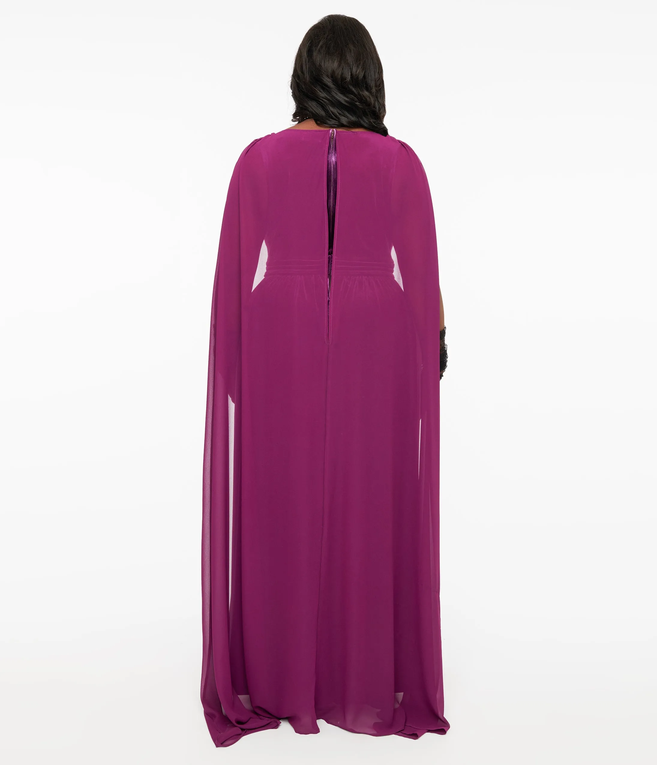 Unique Vintage Plus Size Eggplant & Black Bat Velvet Cape Gown sold by Unique Vintage product image thumbnail 2