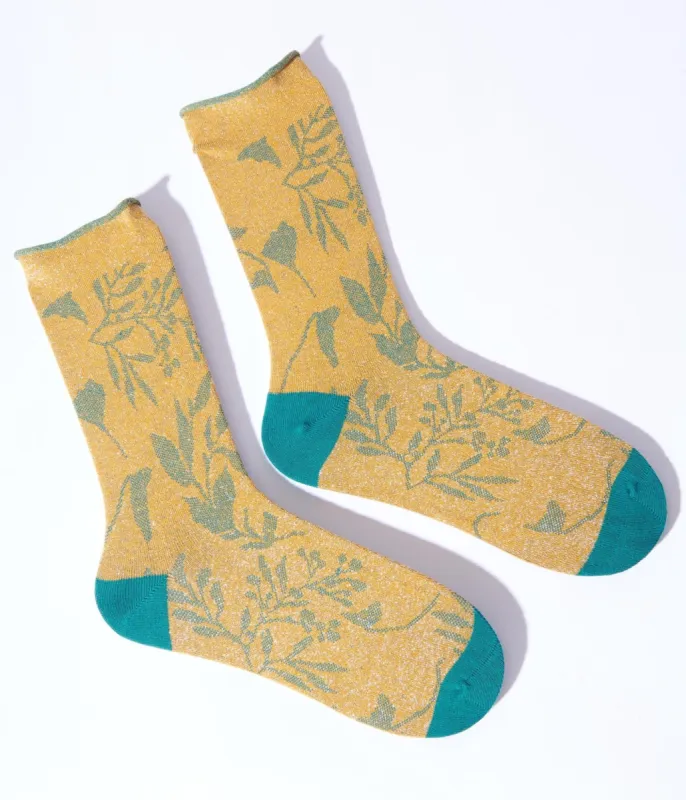 Gold & Green Foliage Shimmer Crew Sock sold by Unique Vintage