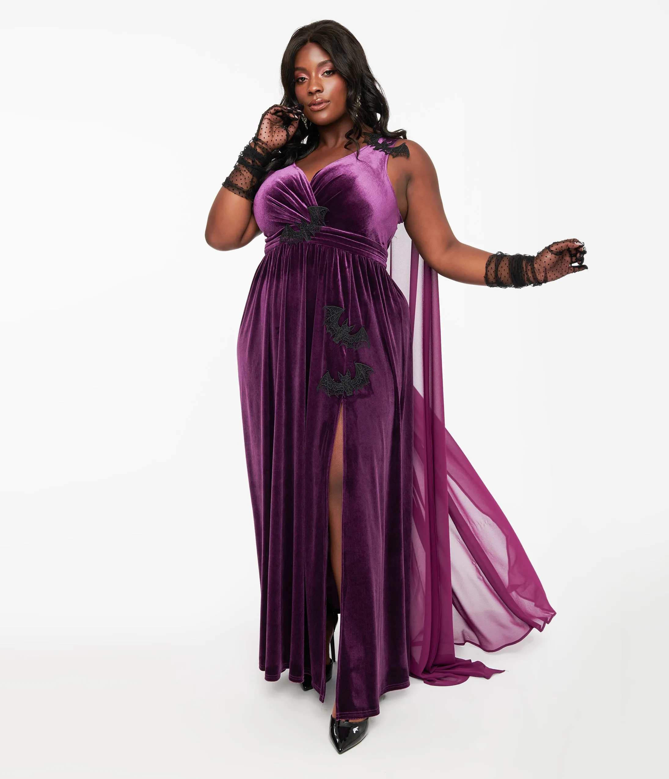 Unique Vintage Plus Size Eggplant & Black Bat Velvet Cape Gown sold by Unique Vintage product image thumbnail 3