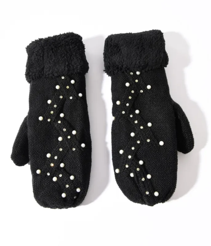 Black Knit Pearl & Rhinestone Mittens sold by Unique Vintage