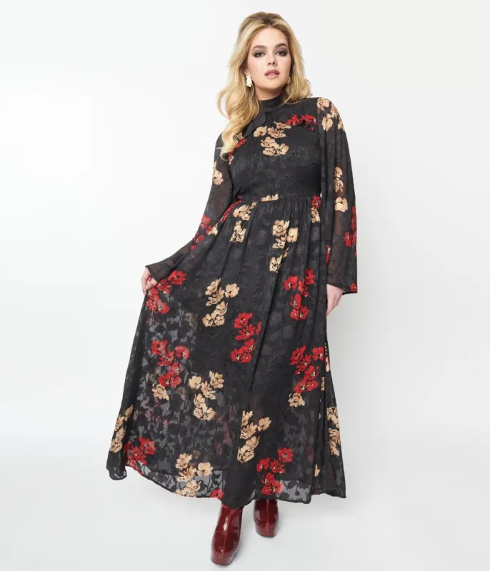 Unique Vintage 1970s Black Red & Gold Floral Bell Sleeve Maxi Dress sold by Unique Vintage
