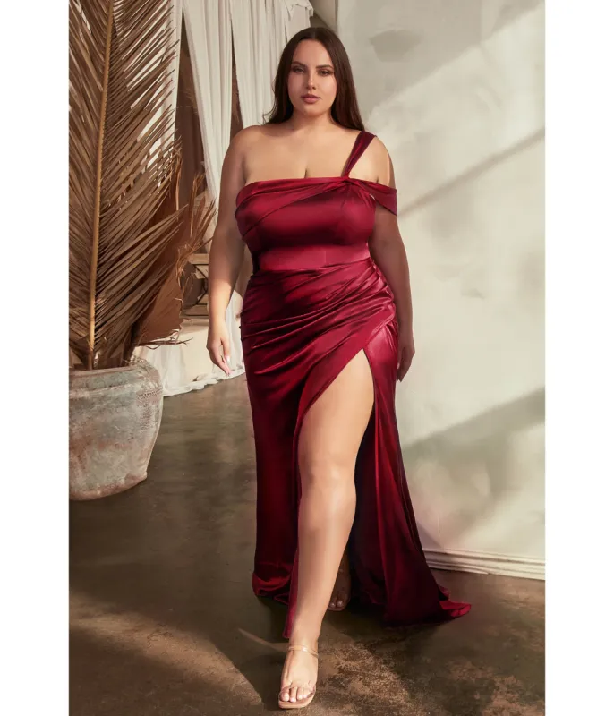 Ladivine by Cinderella Divine Plus Size Burgundy Ruched Satin One Shoulder Evening Gown sold by Unique Vintage