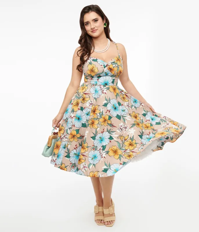Hell Bunny 1950s Light Brown & Blue Tropical Floral Print Cotton Pattaya Midi Dress sold by Unique Vintage