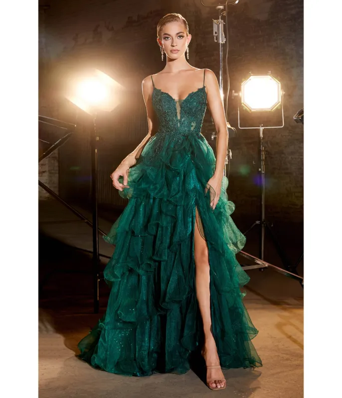 Cinderella Divine Emerald Feather Glitter Prom Dress sold by Unique Vintage