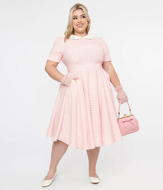 Plus Size 1950s Pink & White Striped Brielle Swing Dress sold by Unique Vintage