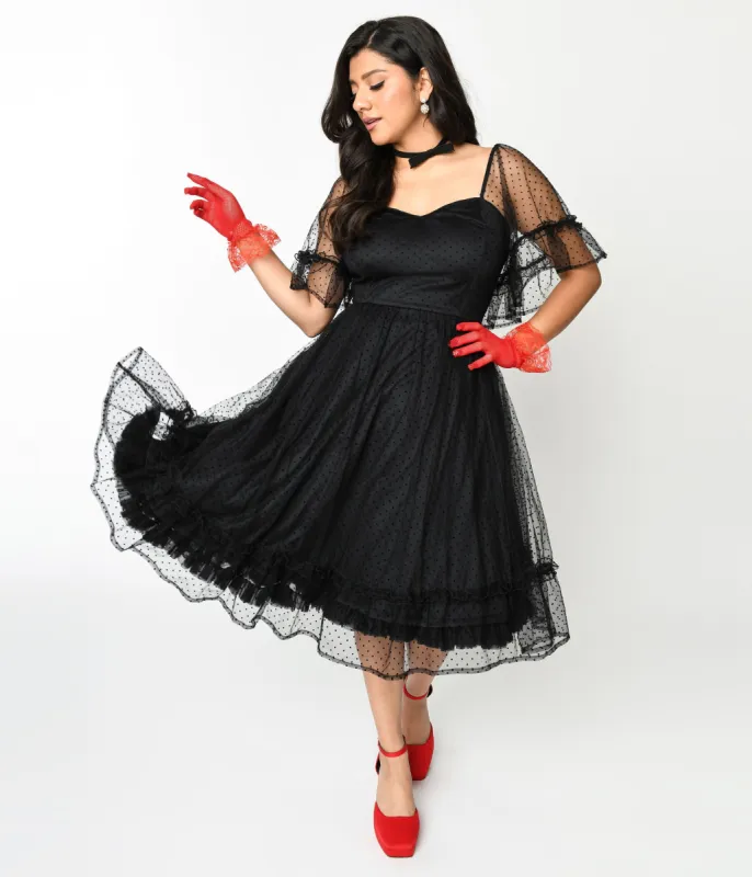 Unique Vintage 1950s Black Ruffle Sweetheart Swing Dress sold by Unique Vintage
