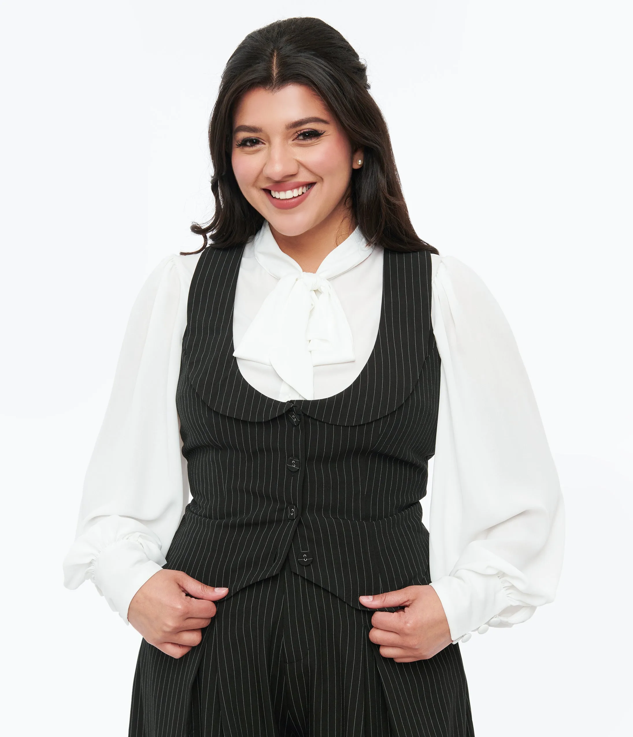 Voodoo Vixen Black & White Pinstripe Button Up Vest sold by Unique Vintage