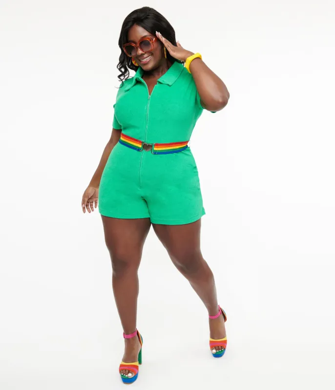 Smak Parlour Plus Size 1960s Green & Rainbow Belted Romper sold by Unique Vintage