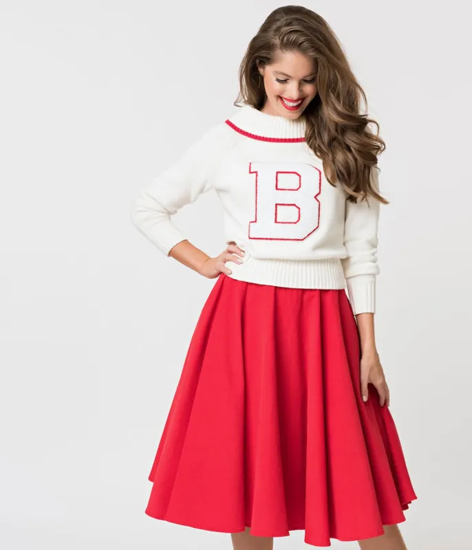 Barbie x Unique Vintage Red Corduroy Cheerleader Swing Skirt sold by Unique Vintage