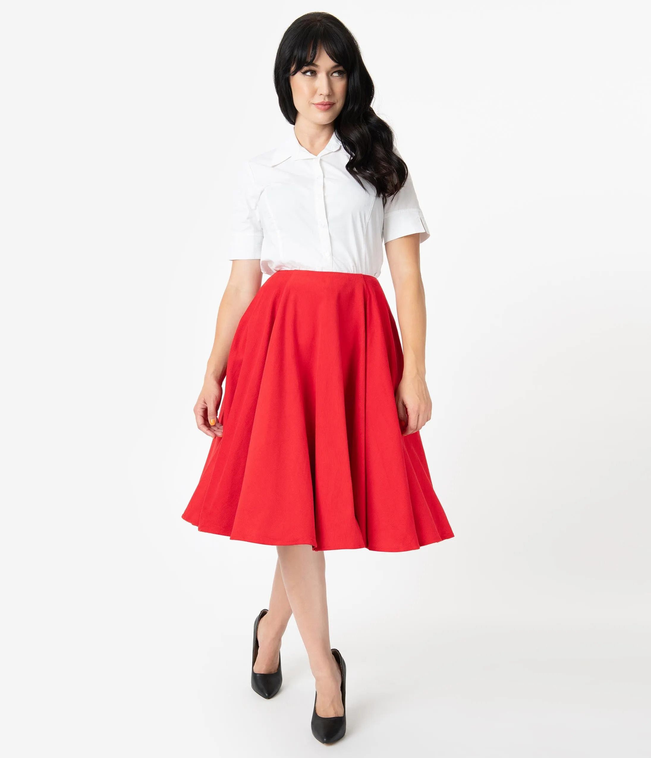 Barbie x Unique Vintage Red Corduroy Cheerleader Swing Skirt sold by Unique Vintage product image thumbnail 5