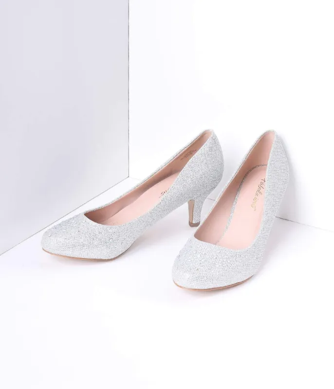 Silver Metallic Rhinestone Doris Kitten Heels sold by Unique Vintage