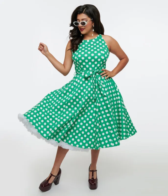 1950s Green & White Polka Dot Tie Swing Dress sold by Unique Vintage