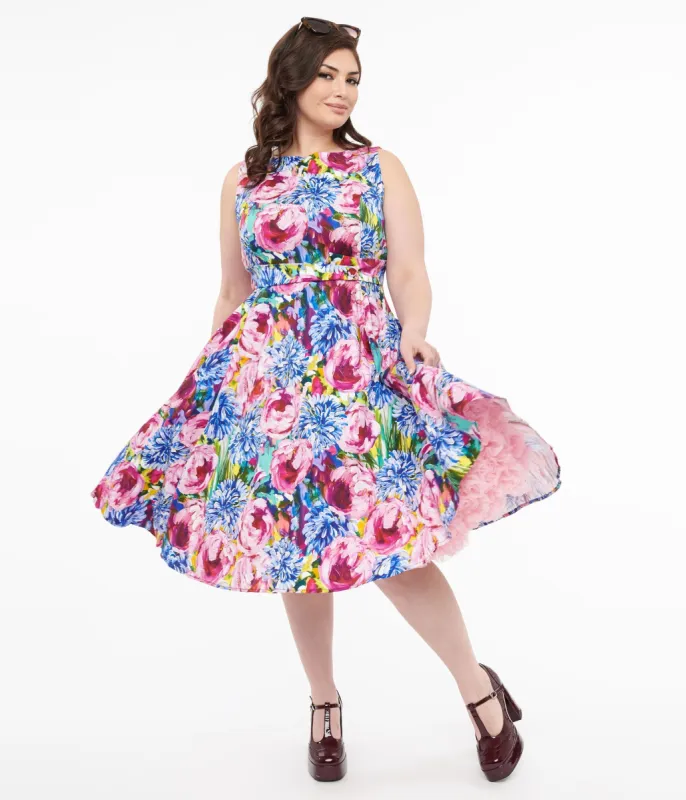1950s Pink & Purple Floral Cotton Elsa Swing Dress sold by Unique Vintage