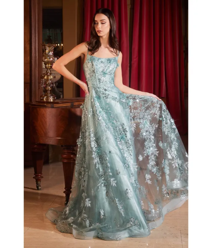 Ladivine by Cinderella Divine Sage Flower Sparkle Prom Gown sold by Unique Vintage