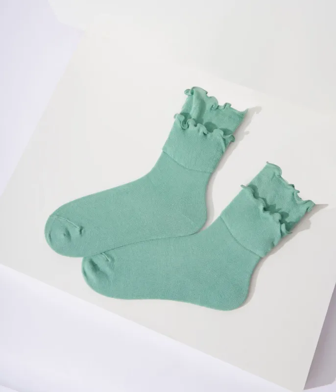 Sea Green Frill Crew Socks sold by Unique Vintage