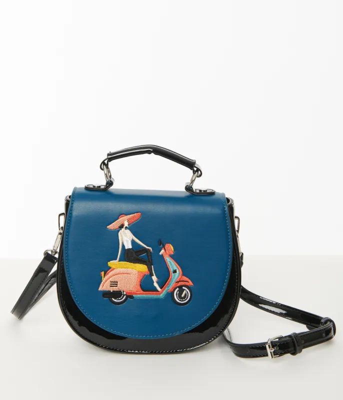 Navy & Black Patent Leatherette Portofino Handbag made by Unique Vintage