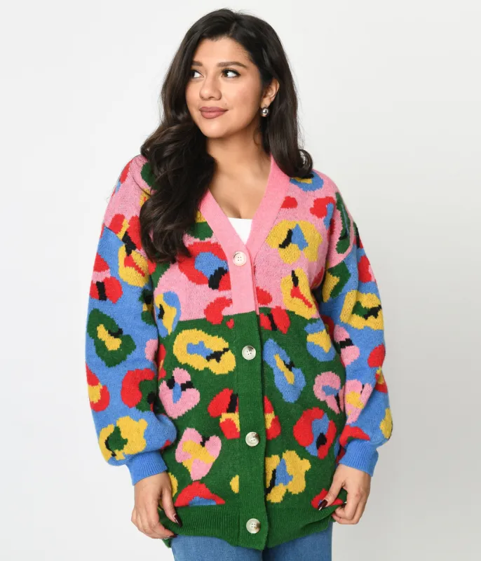 Multicolor Abstract Leopard Print Long Cardigan sold by Unique Vintage
